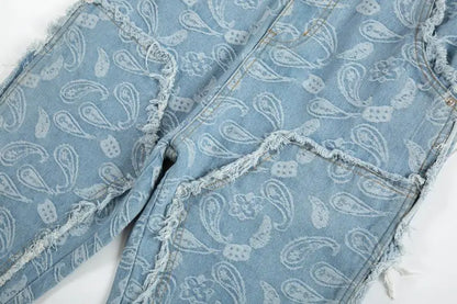 vintage high street washed light blue flared jeans cashew flower jacquard pattern rough edge jeans pants for men and women unique jeans style 929