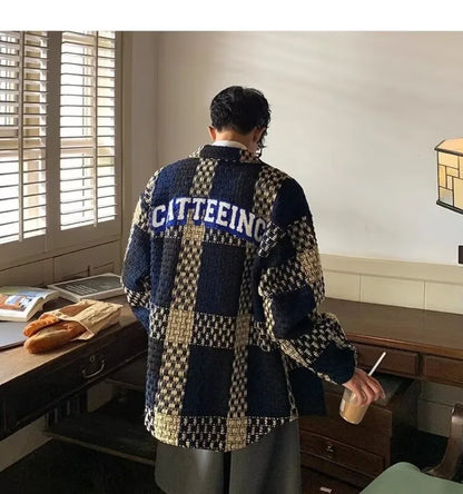 high street lattice mens jackets woven fabric single breasted loose harajuku shirt coats letter embroidered casual male tops unique default style 1822