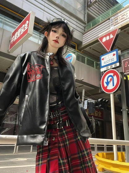 harajuku second apostle leather jacket women spring and autumn american sense vintage goth casual y2k tops coat women minimalist street pants