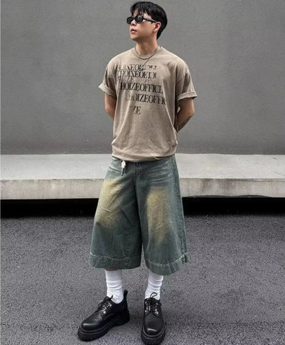 Summer Trend Denim Cropped Trousers Mens American Hip Hop Washed Wide Leg Shorts Unisex  High Street Straight Cowboy Mid Pants Street King Limited