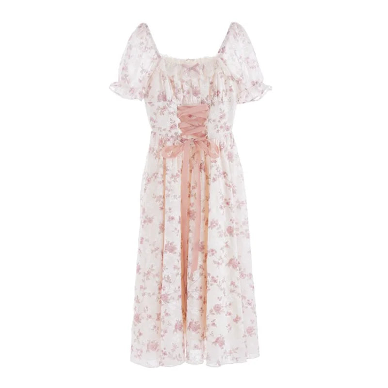 Summer Dress Y2k Floral Puff Sleeve Dress for Woman Robe Sexy Lace Up Side Split Chic Mid-Calf Aesthetic Dress Sexy Bodycon Robe Street King Limited