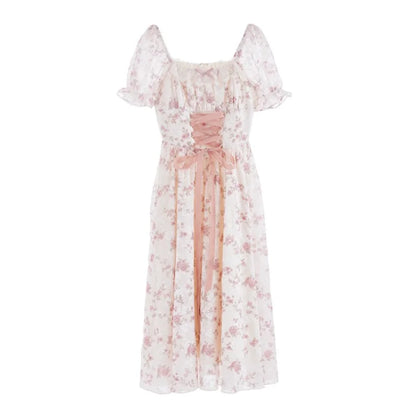 Summer Dress Y2k Floral Puff Sleeve Dress for Woman Robe Sexy Lace Up Side Split Chic Mid-Calf Aesthetic Dress Sexy Bodycon Robe Street King Limited