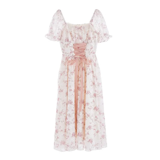 Summer Dress Y2k Floral Puff Sleeve Dress for Woman Robe Sexy Lace Up Side Split Chic Mid-Calf Aesthetic Dress Sexy Bodycon Robe Street King Limited