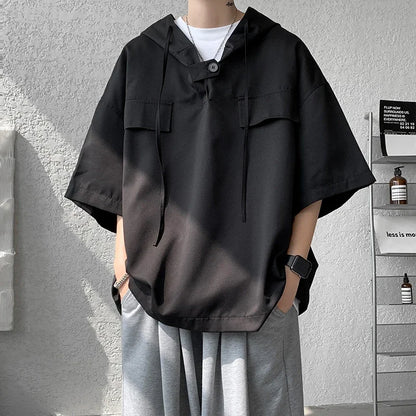 5 Colors Summer Hooded T shirt Men Korean Half Sleeve Pullover Streetwear Loose T-shirt Tops Drawstring Men Clothing Street King Limited