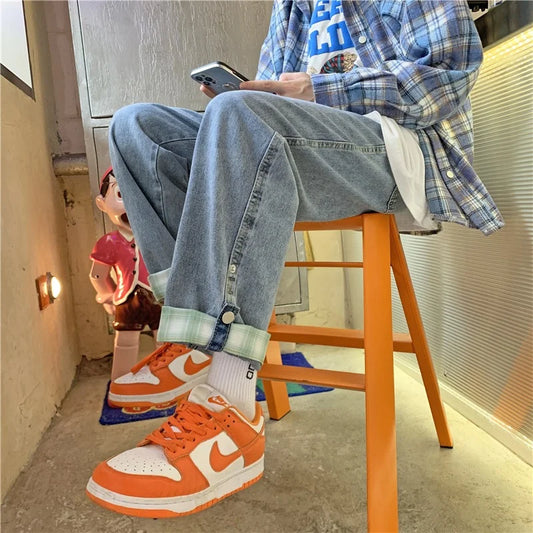 autumn plaid cuffs wide leg jeans for men high street fashion straight denim pants mujer elastic y2k baggy blue jean trousers urban skinny jeans