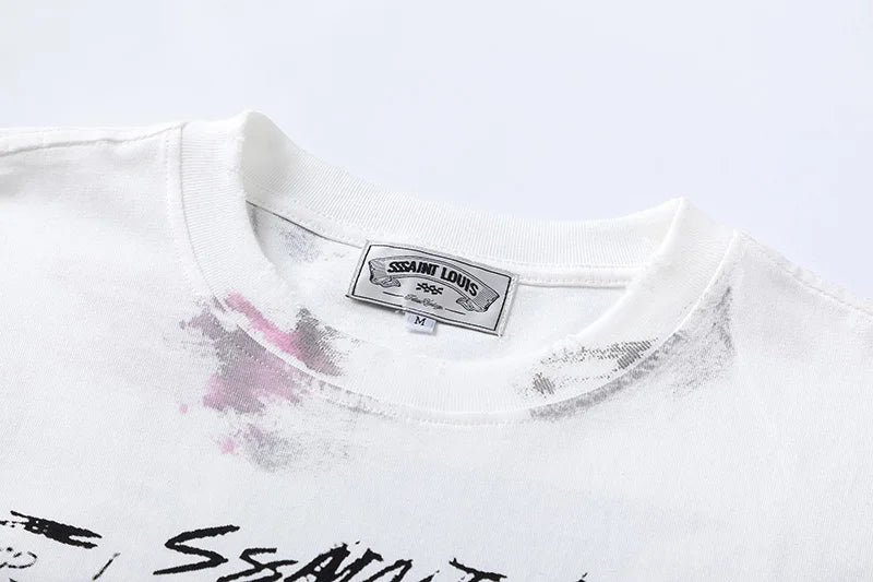 2024ss Saint Louis T-shirts Men Woman Good Quality Cotton Loose Wash White Nightmare Debris Printing Top Tees Street King Limited
