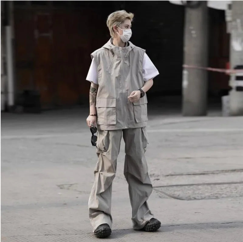 summer casual sleeveless set men hip hop loose hooded vest pockets straight leg cargo pants 2 piece outdoors sports camp suit unique cargo style 3830