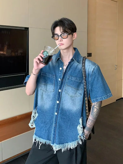 summer trend mens set shoulder padded short sleeved denim shirt quick drying casual pants 2 pcs set american retro street suit unique jeans style 3892