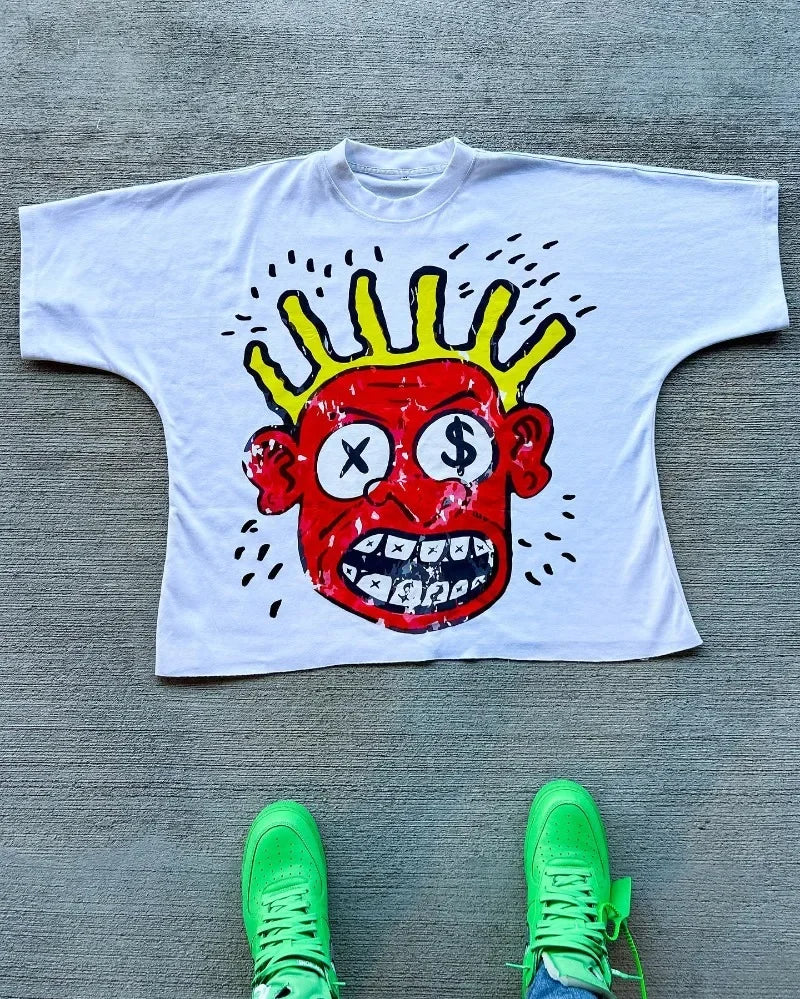 American Gothic Devil Print Oversized Round Short Sleeve Men's Y2K Street Hip-Hop Retro Harajuku All-match Top Couple Style Street King Limited