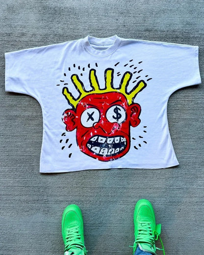 American Gothic Devil Print Oversized Round Short Sleeve Men's Y2K Street Hip-Hop Retro Harajuku All-match Top Couple Style Street King Limited
