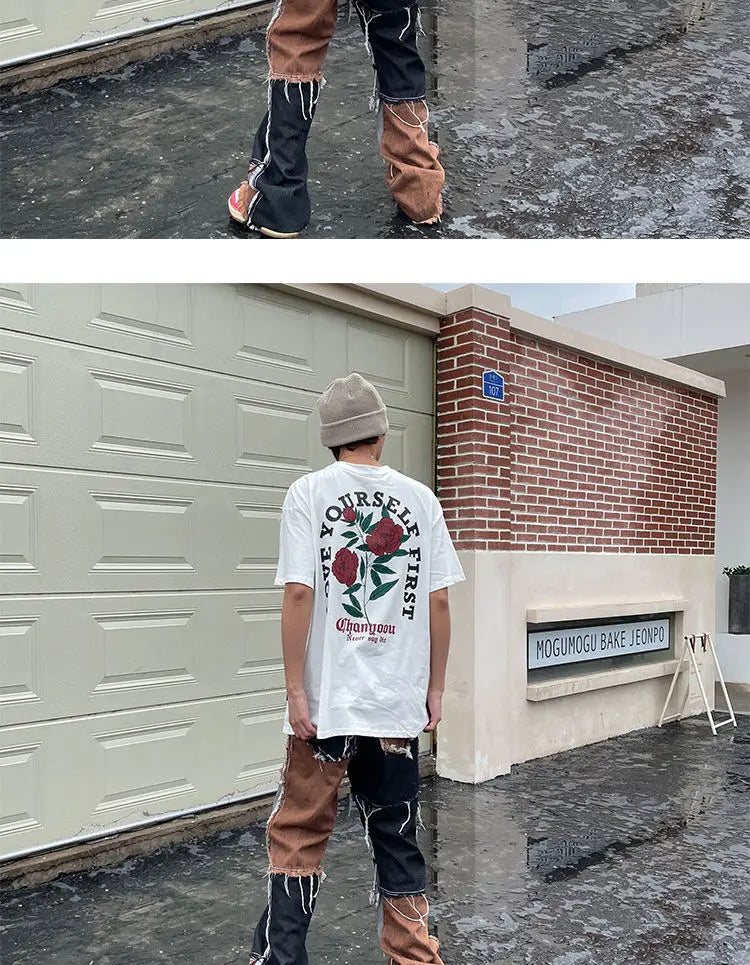 Retro back rose print washed distressed t-shirt national fashion brand pure cotton short-sleeved men's couple wear half-sleeved Street King Limited