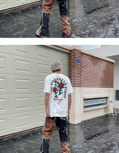 Retro back rose print washed distressed t-shirt national fashion brand pure cotton short-sleeved men's couple wear half-sleeved Street King Limited