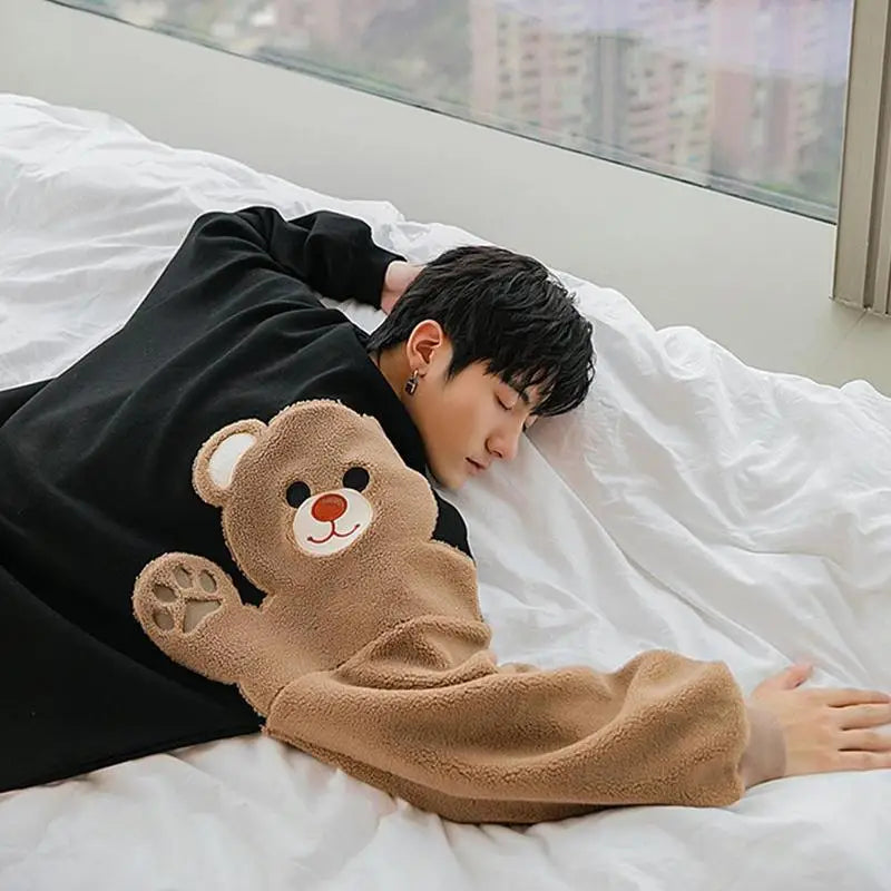 Long-sleeved Round Neck Sweater Lamb Hair Embroidery Flocking Sweater Loose Warm Winter Men's Bear Street King Limited