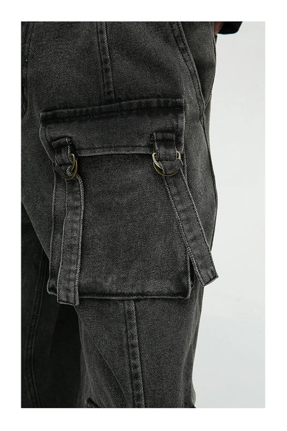 multi pocket cargo jeans men korean fashion loose straight denim pants unique cargo style 516