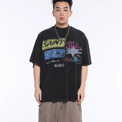 Saint T-shirts New Vintage Wash Letter Printing Chaopai High Street Men Woman Loose Casual Short Sleeve Top Tee Street King Limited