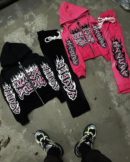 American Gothic Trendy Gothic Letters Printed Oversized Sweatshirt Set Men's Fashion Casual Loose Pants Zippered Sweatshirt Street King Limited