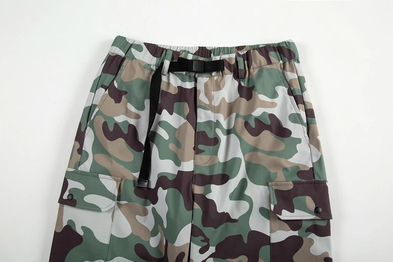 Street Wear Functional Camouflage Cargo Trousers Men Waterproof Pockets Pleated Zip Up Tapered Pants Nylon Belt Men's Clothes Street King Limited
