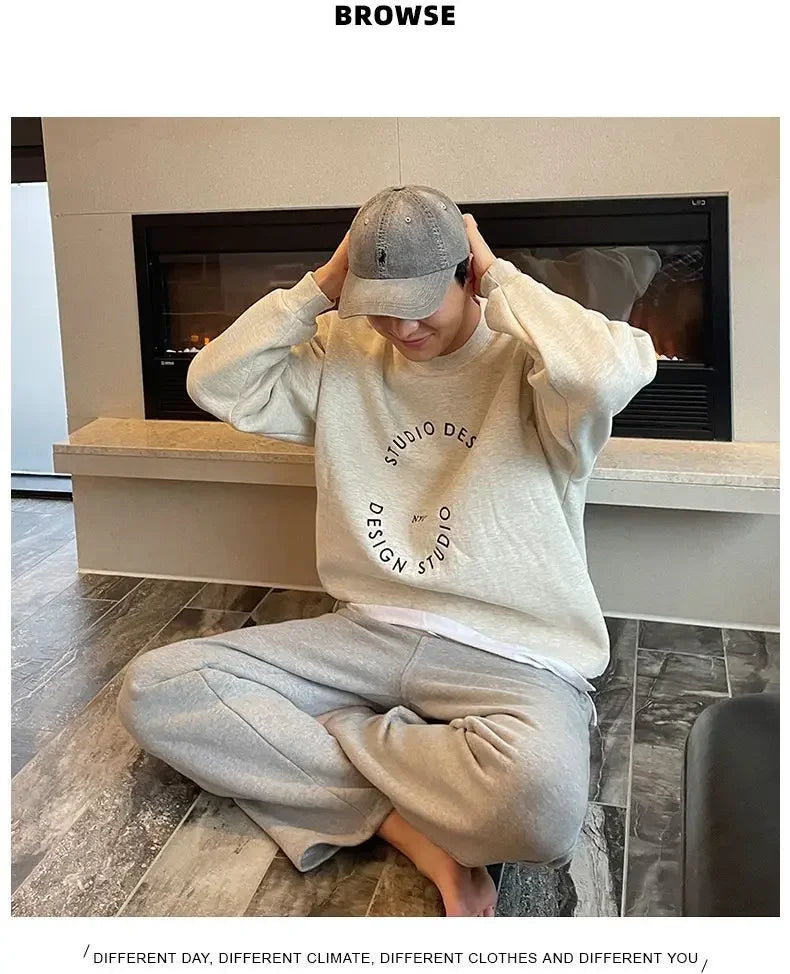 Cotton 2024 autumn and winter Korean style round neck sweatshirt men trendy brand handsome ins loose letter print top jacket emo Street King Limited