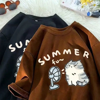American Street Creative Blow Fan Cat Pure Cotton T-shirt for Men and Women Summer Relaxed Short Sleeve Couple Wear INS Top Street King Limited