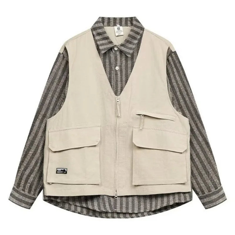 striped mens shirt jacket 2024 spring japanese street color blocked fake two coats vest tooling trend zipper long sleeved tops unique default style 2396