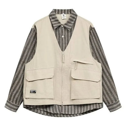 striped mens shirt jacket 2024 spring japanese street color blocked fake two coats vest tooling trend zipper long sleeved tops unique default style 2396