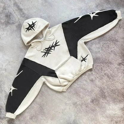Y2k Patch Design Loose Zip Hoodies for men Geometric Pattern Splicing Sweatshirt Gothic Streetwear Oversized Casual Men Clothing Street King Limited