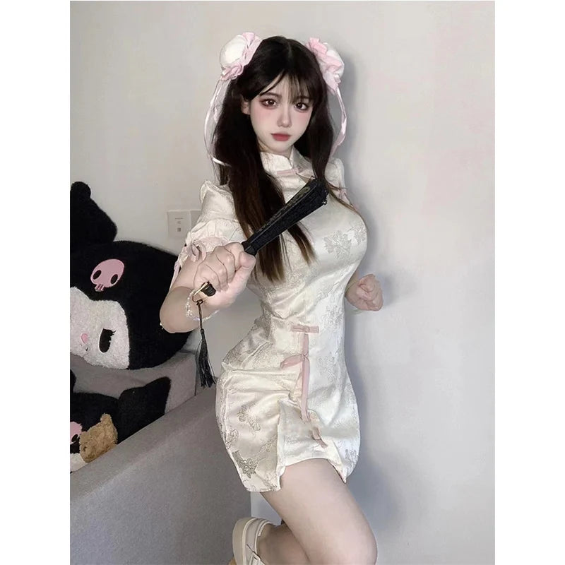 Vintage Chinese Style Cheongsam High Split Mini Dress 2024 Tie Dye Gothic Women Aesthetic Bandage Dresses Y2k Sexy Bodycon Robe Street King Limited