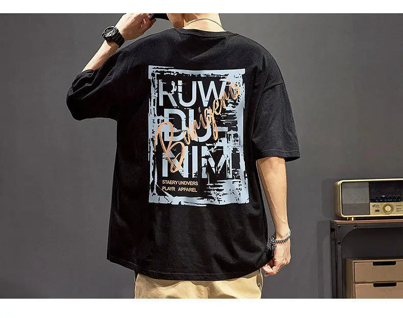 Cotton short-sleeved t-shirt men's ins trendy summer American hip-hop national trend printed loose youth white tops men clothing Street King Limited