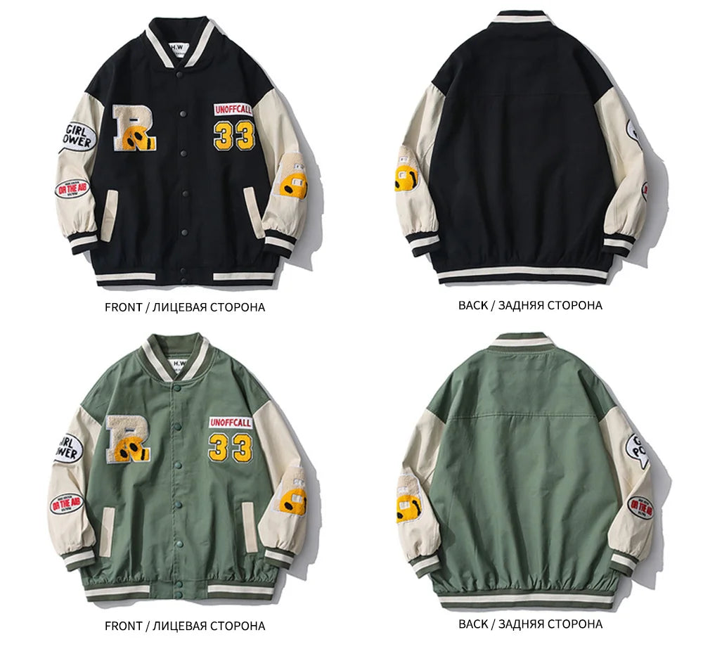 hip hop mens baseball jacket harajuku cotton streetwear embroidery letter funny smiley patchwork college jacket coat couple unique default style 64