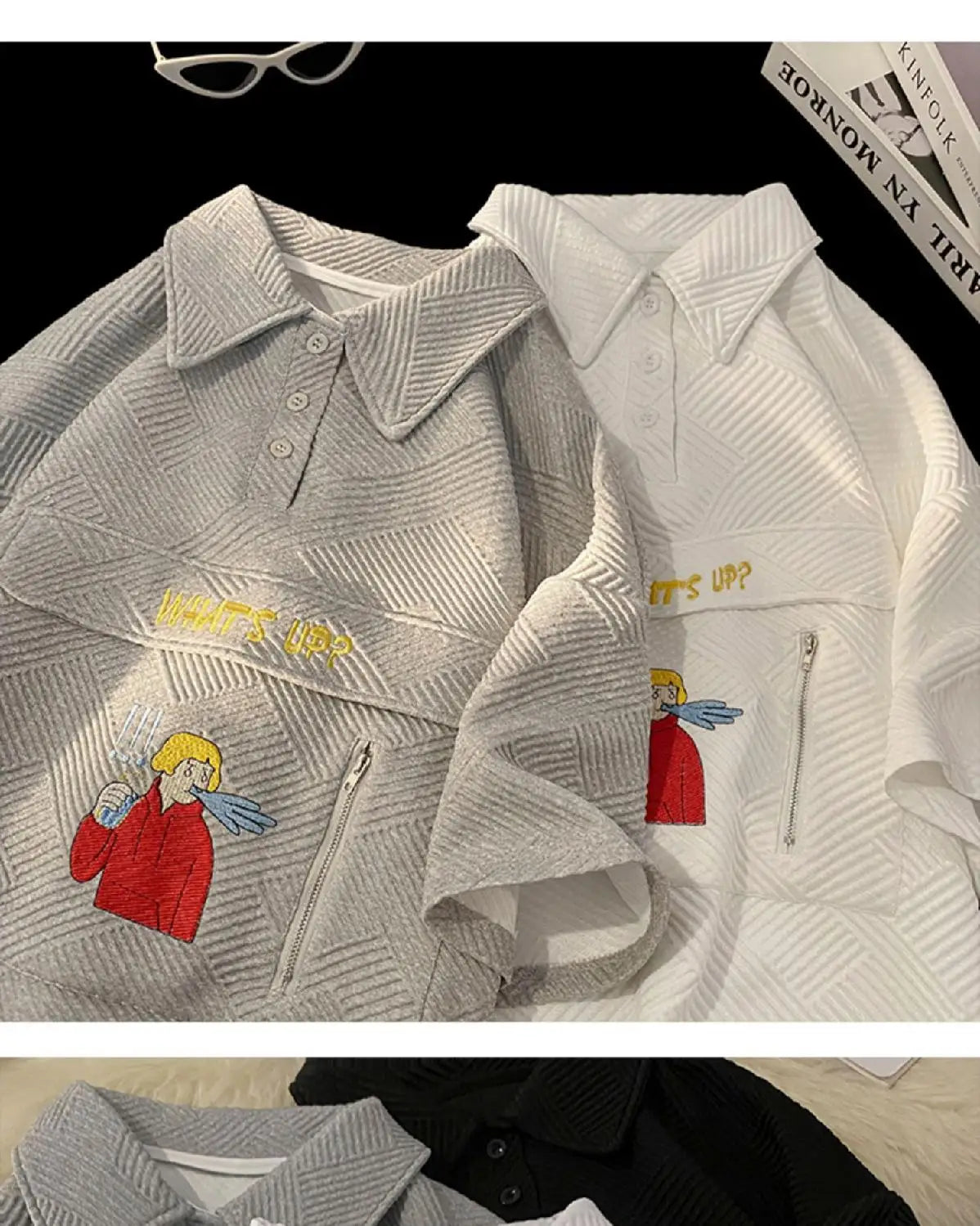 Korean waffle short-sleeved polo shirt with cartoon pattern summer jacquard collar t-shirt for men ins Hong Kong style loose top Street King Limited