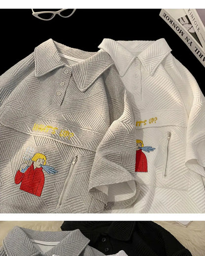 Korean waffle short-sleeved polo shirt with cartoon pattern summer jacquard collar t-shirt for men ins Hong Kong style loose top Street King Limited