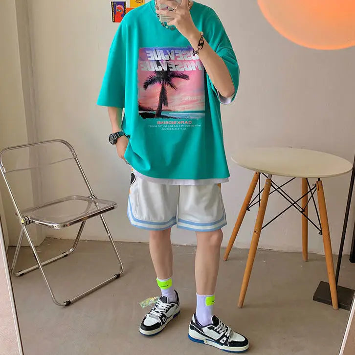 Short-sleeved men's t-shirt summer versatile Korean style loose half-sleeved student fashion brand pure cotton T-shirt y2k tops Street King Limited