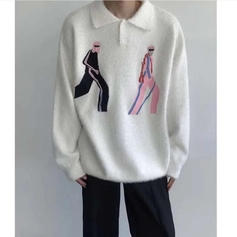 Korean Embroidery Lapel Sweater Mens Spring Street Trends Soft Seahorse Hair Loose Pullover Thickening Y2K Couple Knitwear New Street King Limited