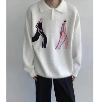 Korean Embroidery Lapel Sweater Mens Spring Street Trends Soft Seahorse Hair Loose Pullover Thickening Y2K Couple Knitwear New Street King Limited