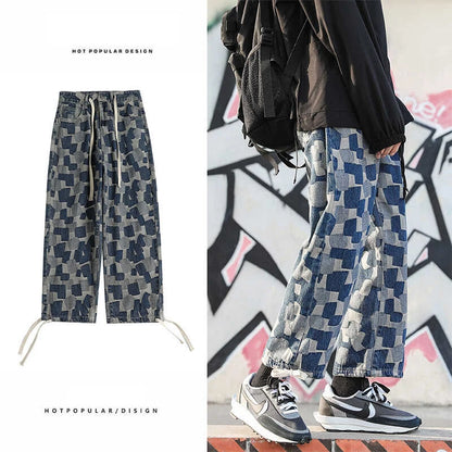 american plaid straight jeans mens casual streetwear printed denim pants autumn baggy classic wide leg retro y2k jean trousers stacked flare jeans