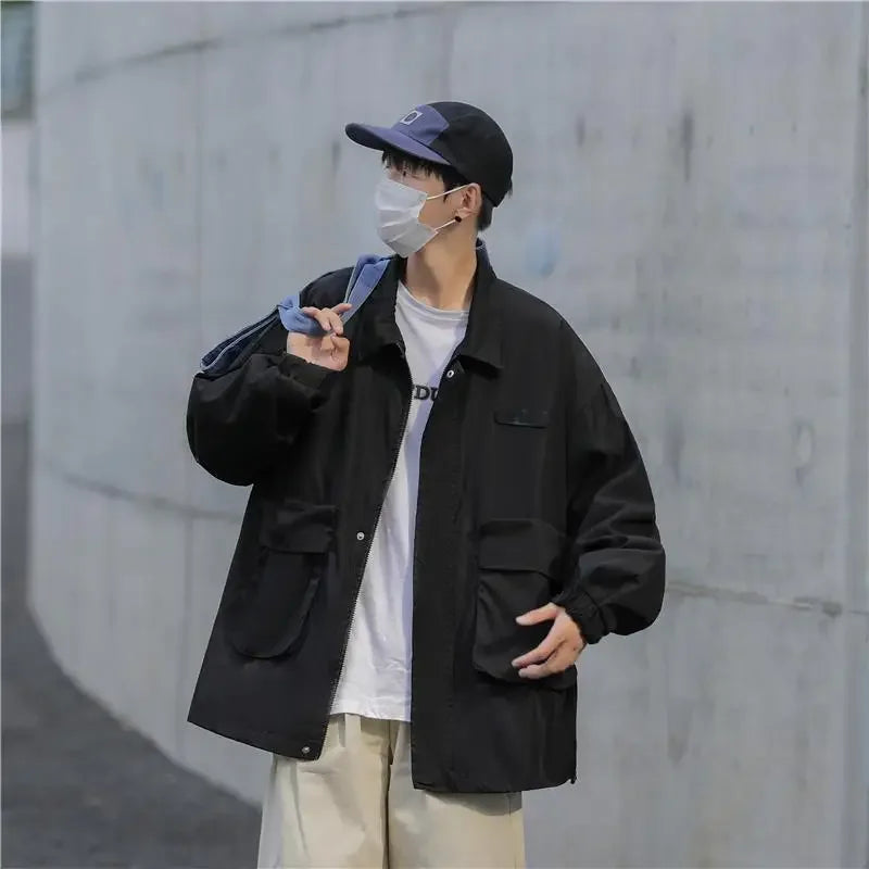 american casual cargo jacket for men autumn streetwear work zipper coat male varsity jackets loose chaquetas hombre clothes unique cargo style 1604