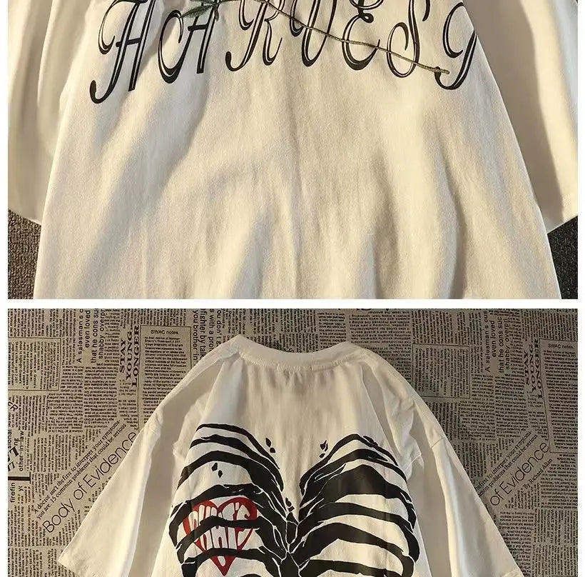 Pure cotton American retro dark skeleton short-sleeved T-shirts for men and women summer ins loose street style couple y2k tops Street King Limited