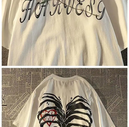 Pure cotton American retro dark skeleton short-sleeved T-shirts for men and women summer ins loose street style couple y2k tops Street King Limited