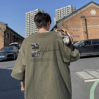 Loose American retro dark green t-shirt men's trendy summer short-sleeved European and American high street half-sleeved tops Street King Limited