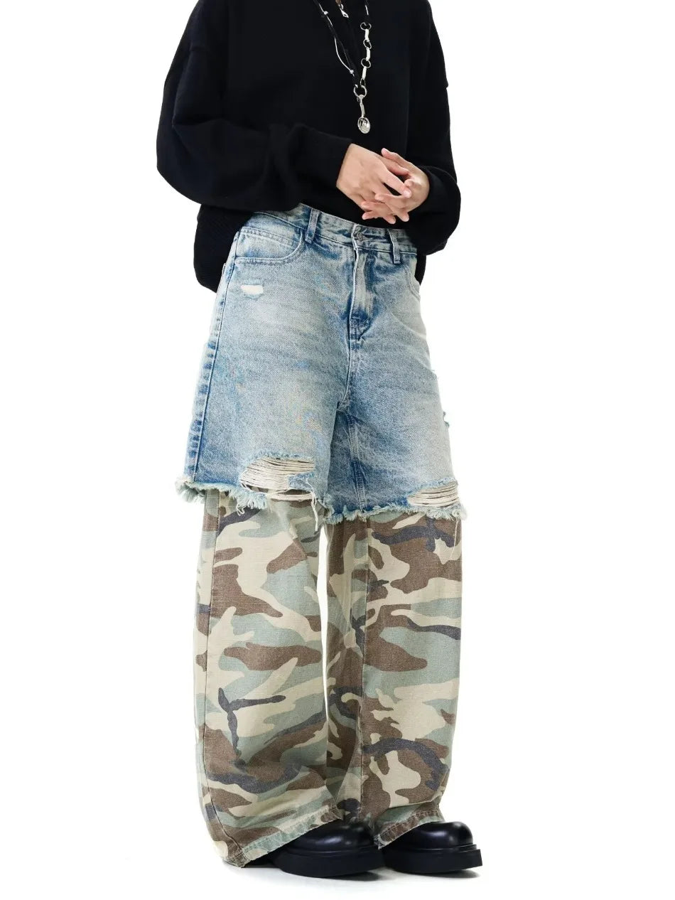 Camouflage Patchwork Jeans Mens Fake Two Items Street Punk Unisex Denim Pants Multiple Pockets Blue Size S-3XL Cowboy Trousers Street King Limited