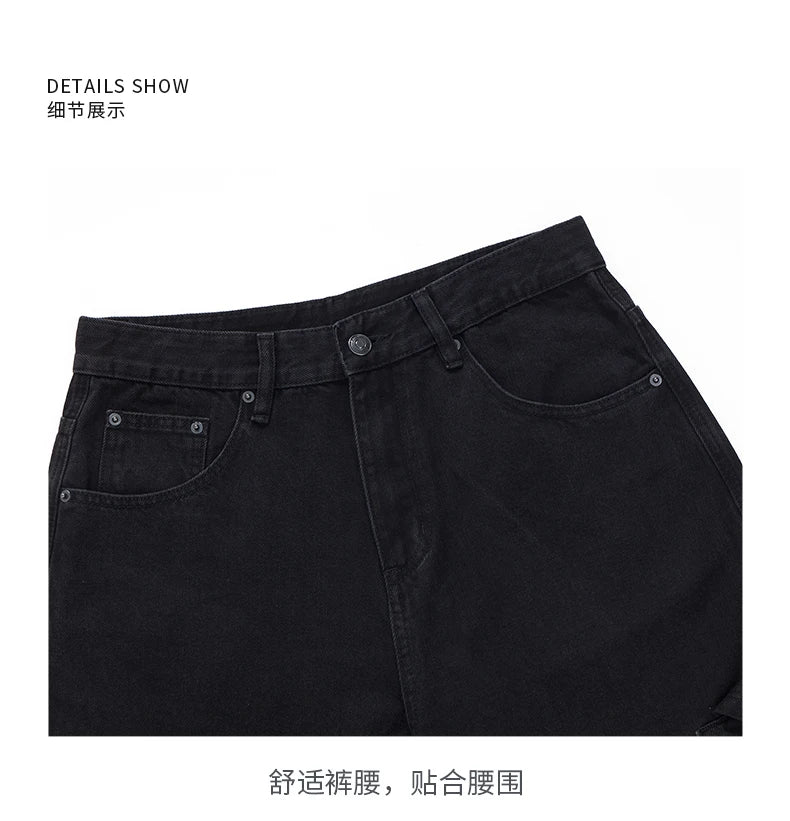 men american streetwear fashion loose casual hip hop wide leg black denim baggy jeans pants man y2k cargo jeans trousers unique cargo style 2209
