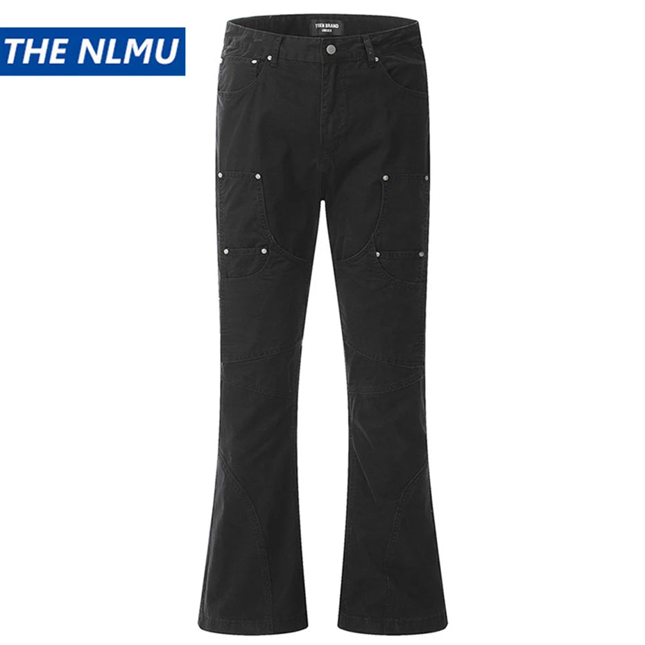 men fashion slim flared jeans irregular patchwork black denim pants male urban skinny jeans