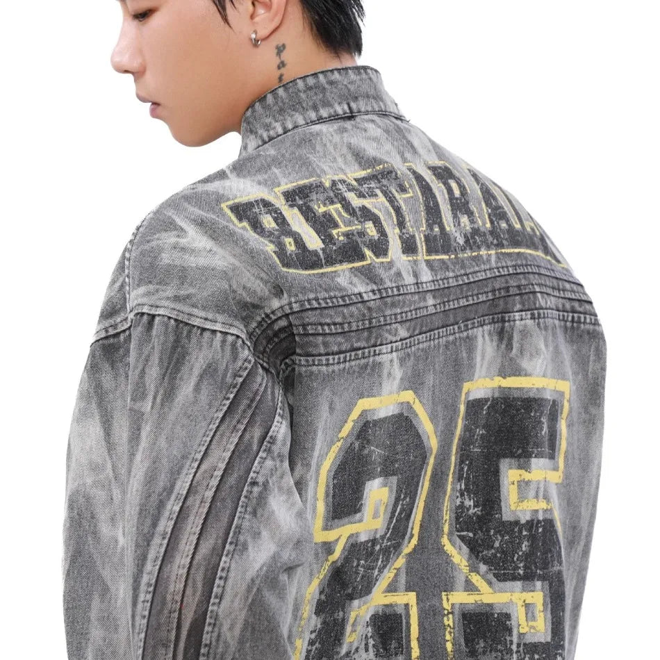 autumn high street washed denim jacket mens vintage graffiti printing stand collar motorcycle coats patchwork punk cowboy tops unique jeans style 3567