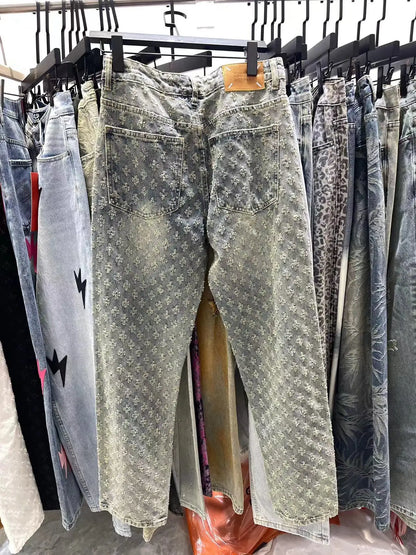 black personalized jeans mens jacquard pattern vintage embossed streetwear loose jeans mens pants straight loose bottoms mens unique jeans style 3492