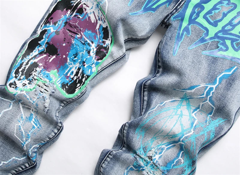fashion skull graffiti jeans lightning printed denim pants mens distressed biker jeans streetwear slim hip hop pants joggers unique joggers style 4825