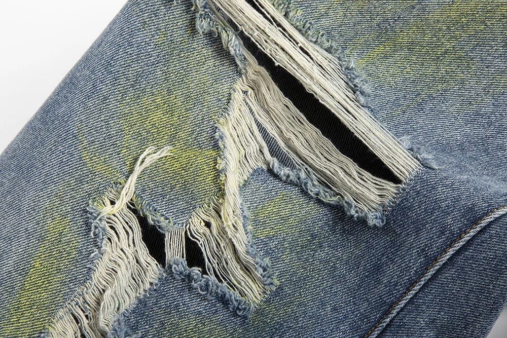 green painted hole washed blue baggy jeans mens streetwear distressed casual loose denim trousers ropa hombre frayed cargo pants baggy cargo bottoms
