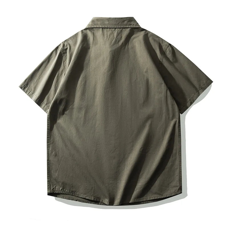 Men's Japanese Short Sleeve Cargo Shirt, Solid Color, Simple Fashion, Engineer Casual Shirt, 100% Cotton, New, Summer Street King Limited