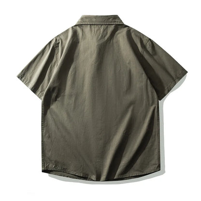 Men's Japanese Short Sleeve Cargo Shirt, Solid Color, Simple Fashion, Engineer Casual Shirt, 100% Cotton, New, Summer Street King Limited