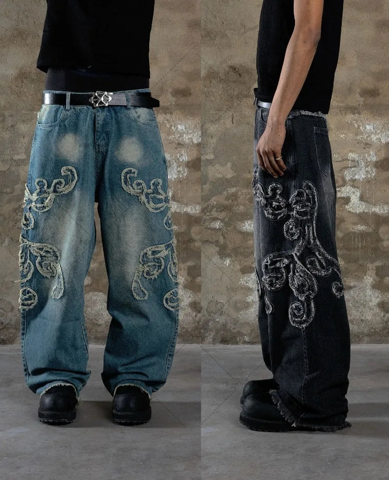 New American Fashion Line Embroidery Loose Versatile Jeans Men Street Hip-hop Retro Harajuku Y2K Straight Wide-leg Pants Women Street King Limited