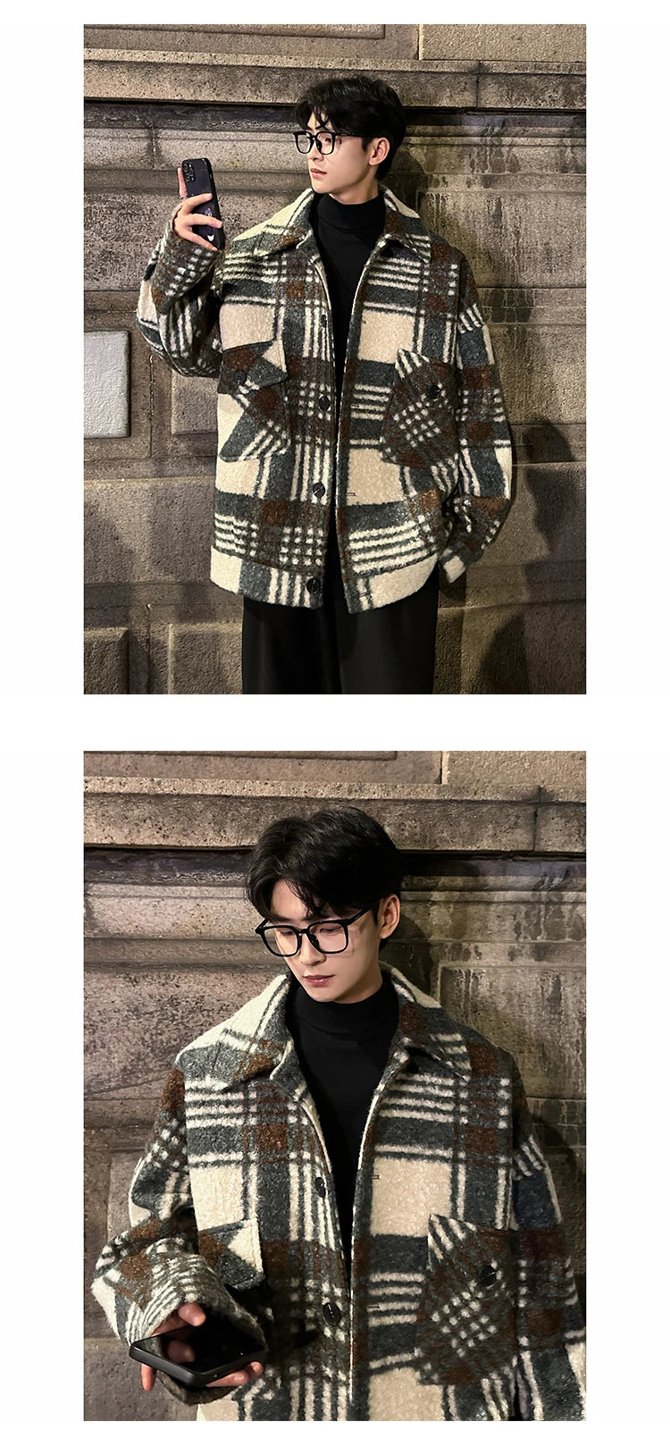 autumn winter campus boy plaid woolen coat men streetwear fashion loose casual retro thick jacket man bomber coat outerwear unique default style 950